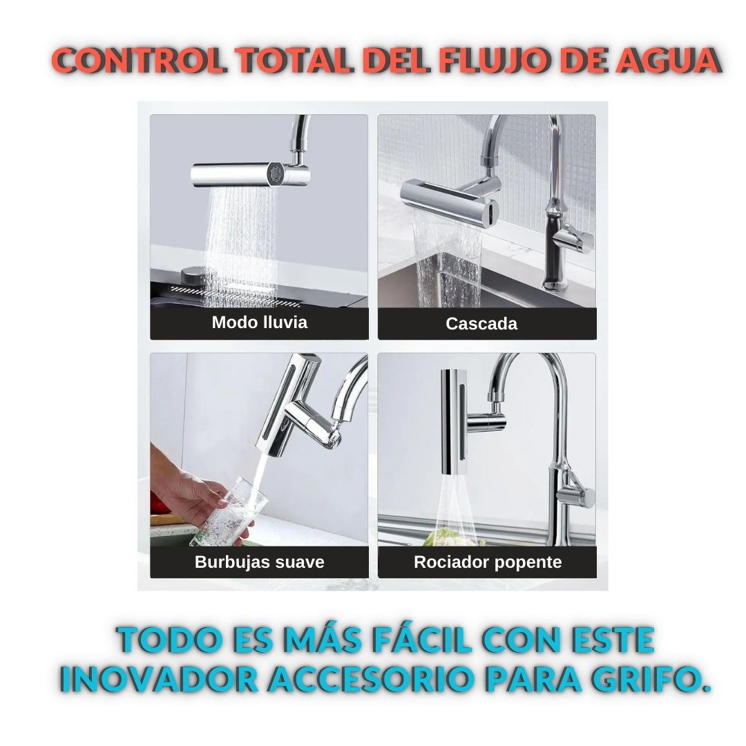 AquaFlex Cascade: Grifo Cascada 360º de 4 Modos - Reduce Salpicaduras y Ahorra Agua