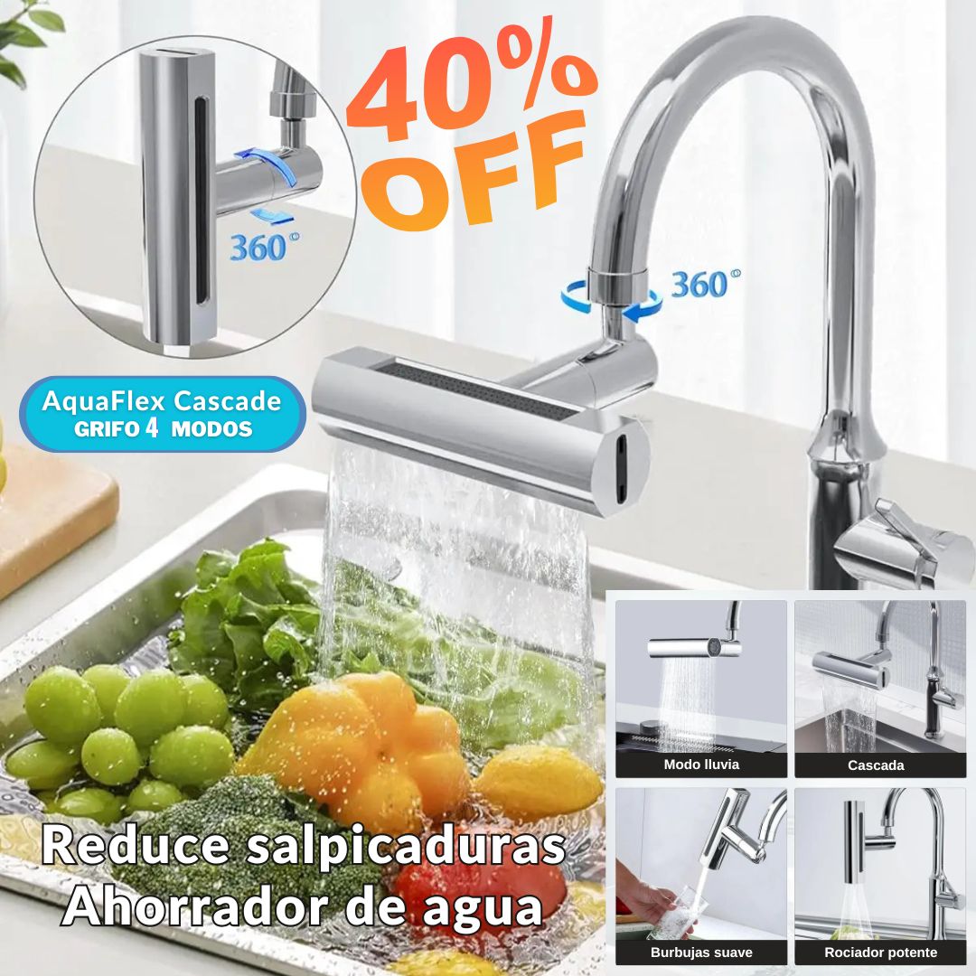 AquaFlex Cascade: Grifo Cascada 360º de 4 Modos - Reduce Salpicaduras y Ahorra Agua