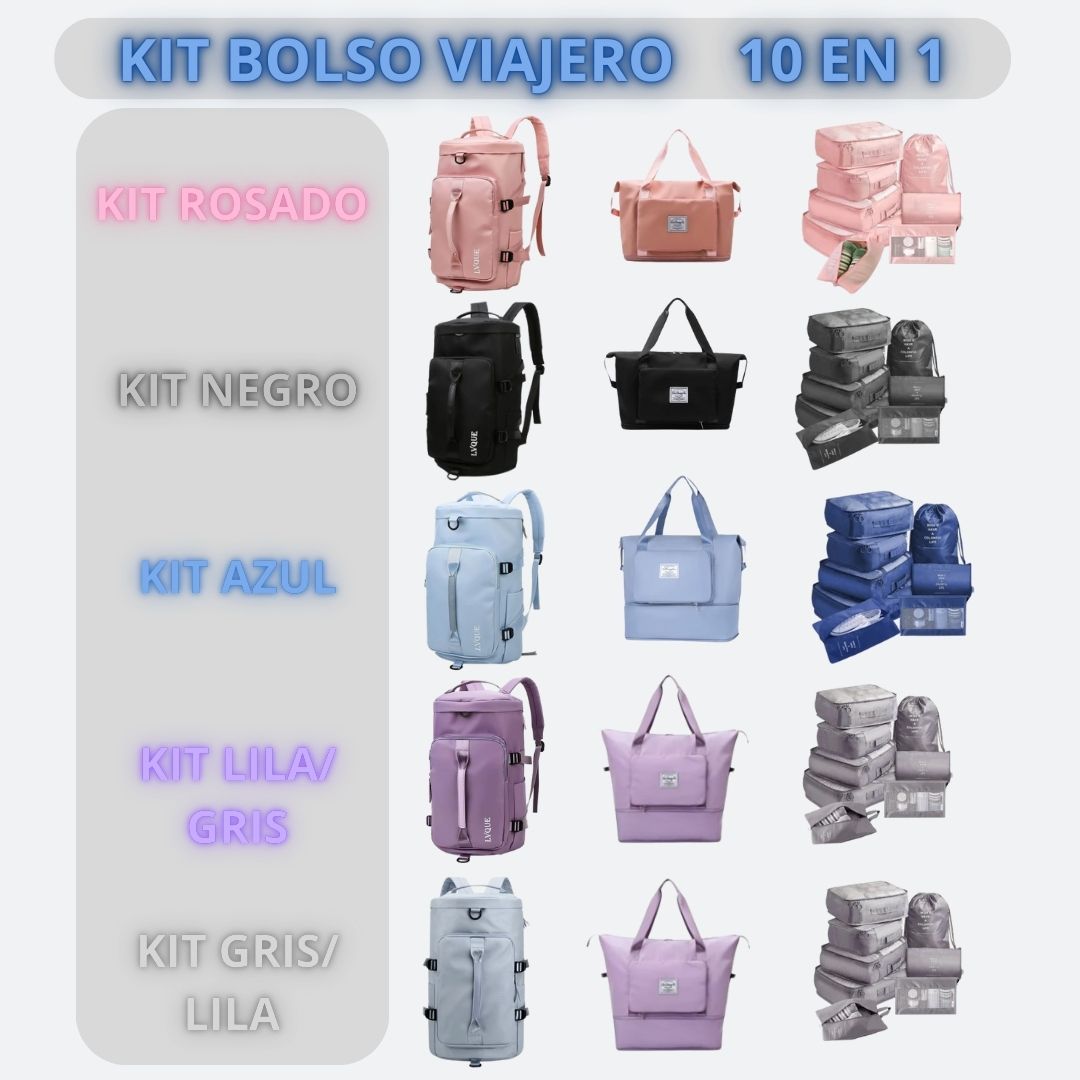 Kit Bolso Viajero: Morral, Bolso Deportivo, Bolsas Organizadoras x 8