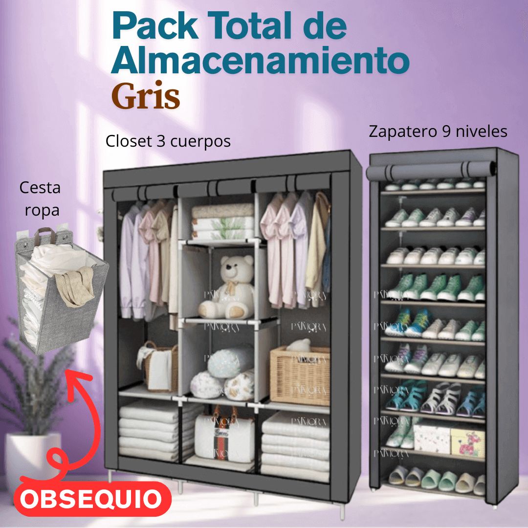 Pack Total de Almacenamiento: Closet 3 Cuerpos Zapatero 9 Niveles Cesta Gratis