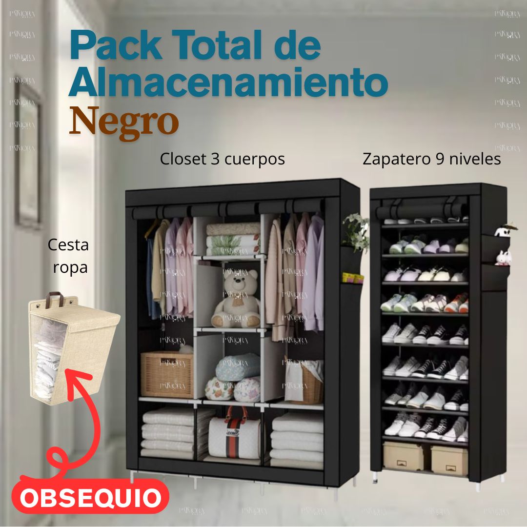 Pack Total de Almacenamiento: Closet 3 Cuerpos Zapatero 9 Niveles Cesta Gratis