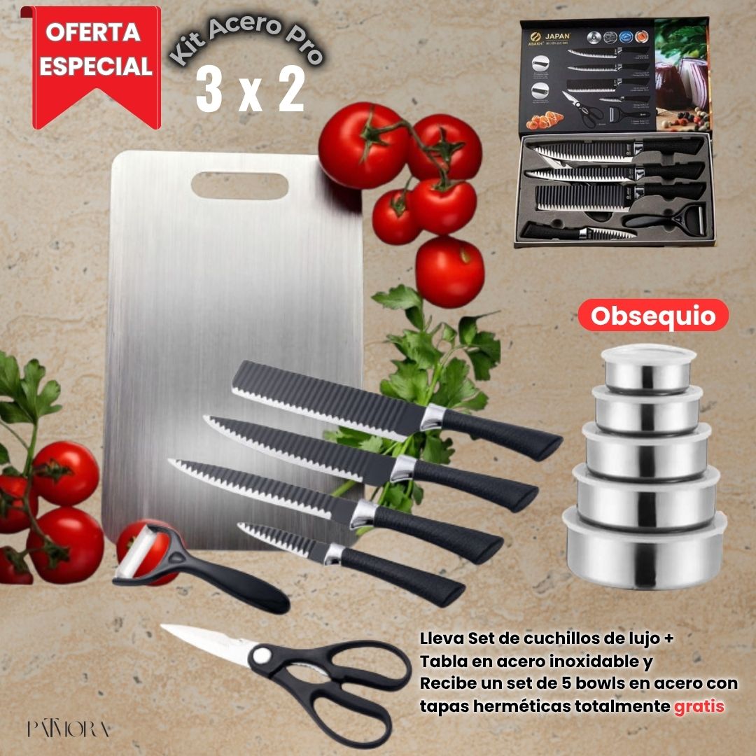 Kit Acero Pro: Set de Cuchillos + Tabla Acero Inoxidable + Obsequio Set de Bowls