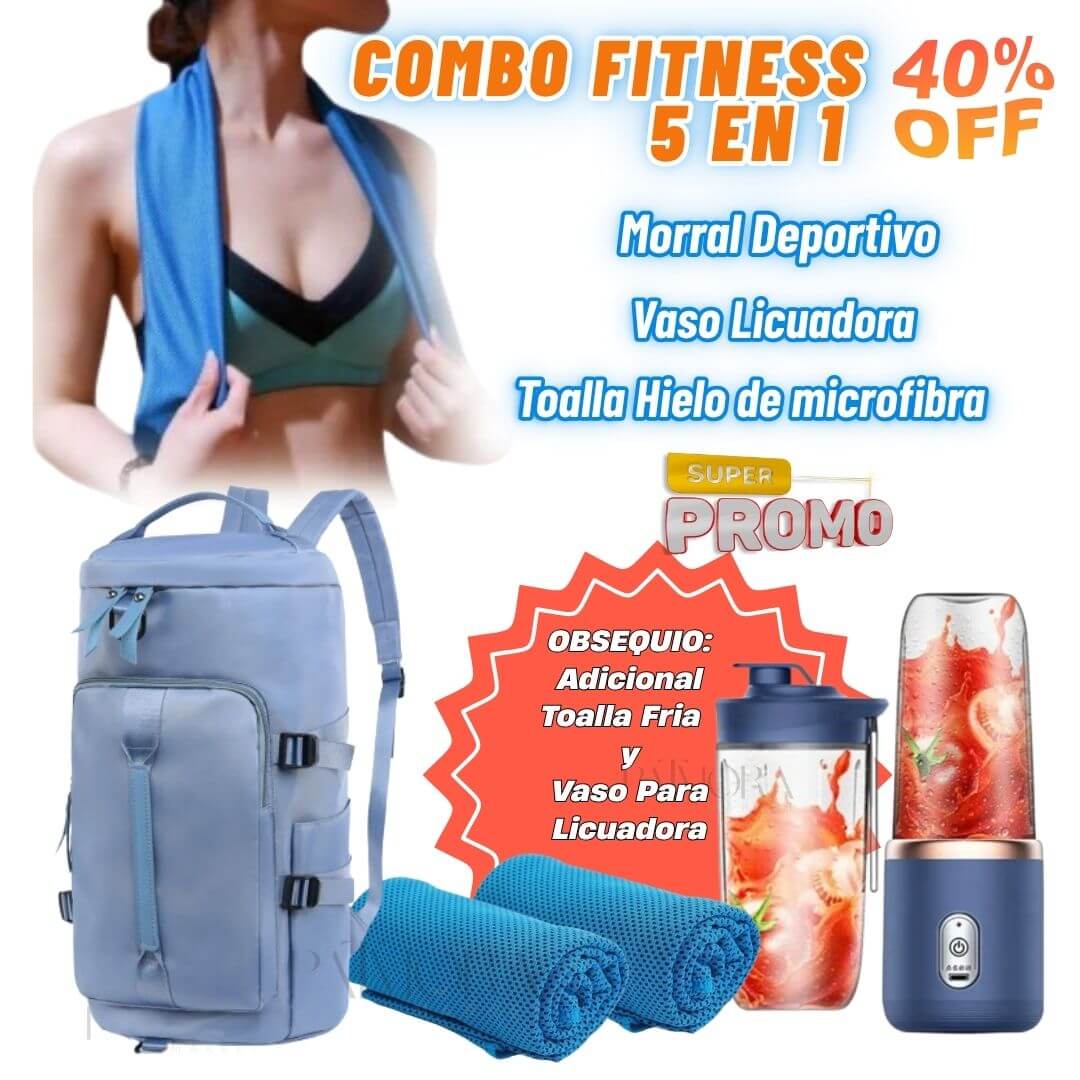 Combo Fitness 5 en 1: Morral + Vaso Licuadora Portátil + Toallas Frías