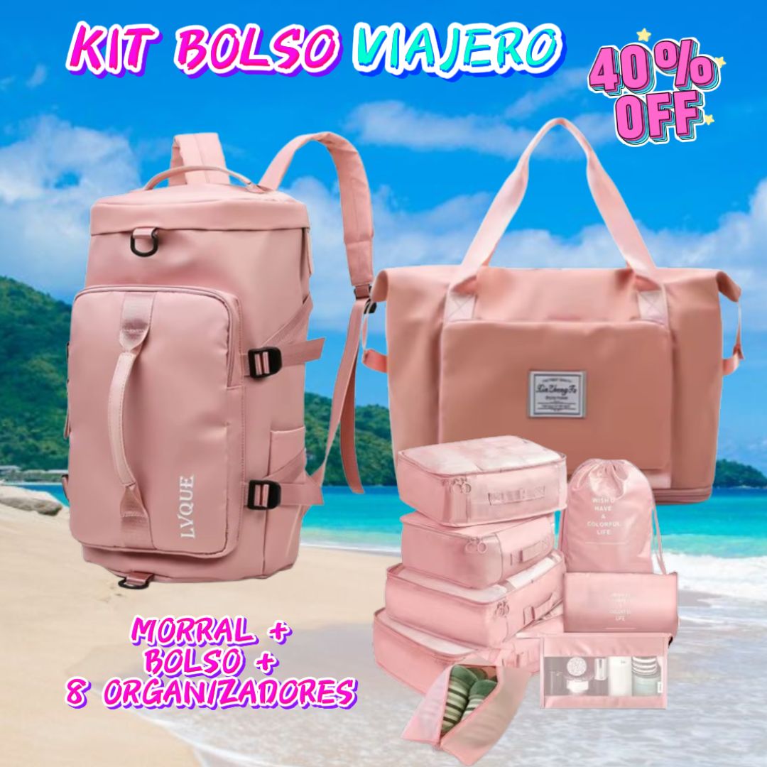 Kit Bolso Viajero: Morral, Bolso Deportivo, Bolsas Organizadoras x 8
