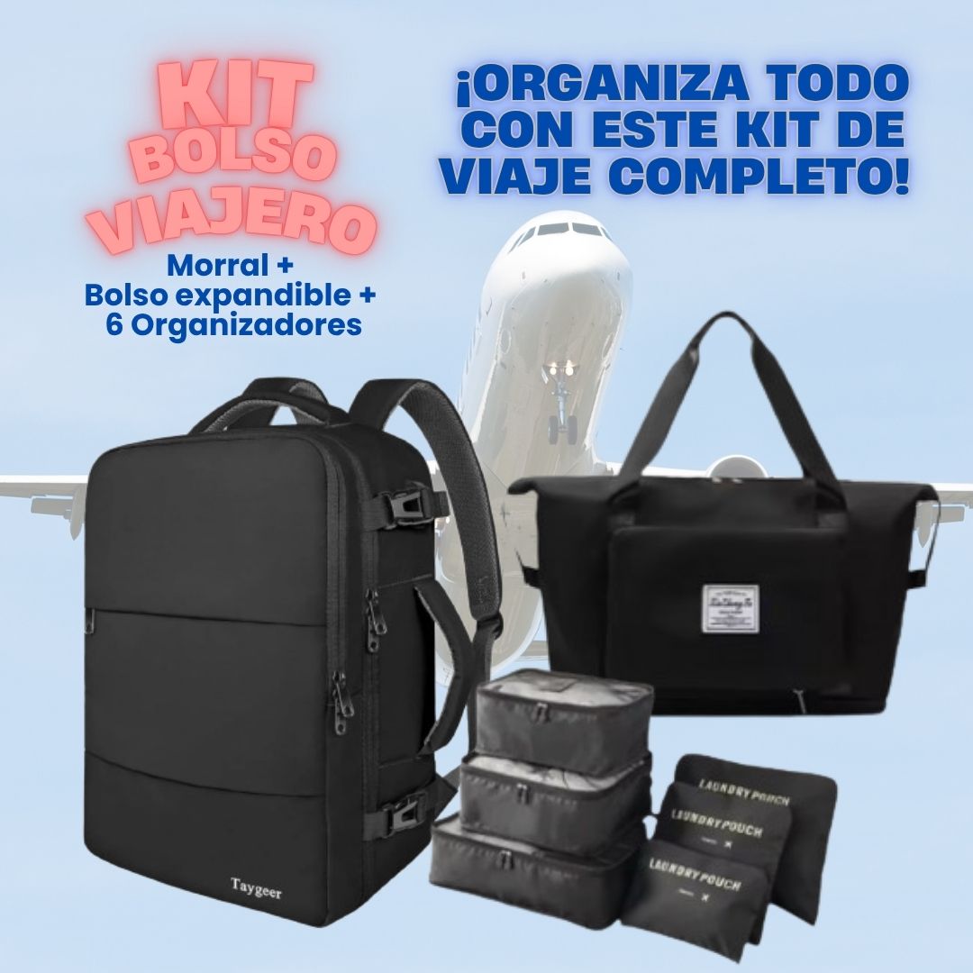 Kit Bolso para Viaje y Estudio: Morral, Bolso Deportivo, 6 Bolsas organizadoras.