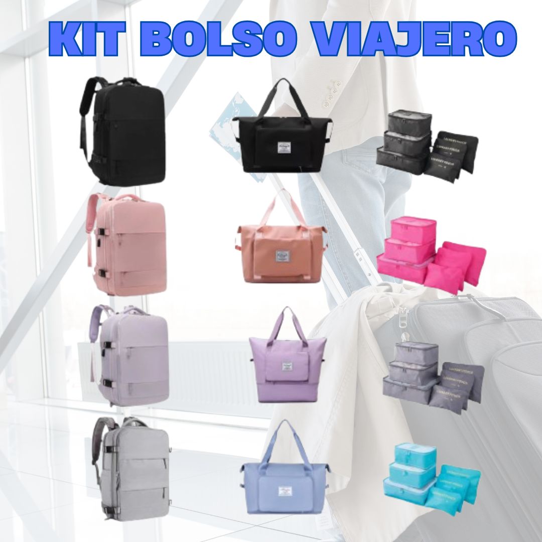 Kit Bolso para Viaje y Estudio: Morral, Bolso Deportivo, 6 Bolsas organizadoras.