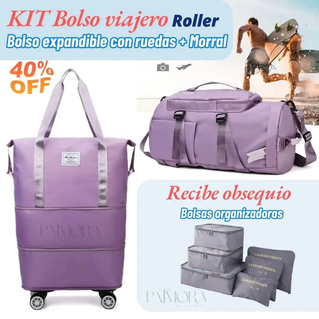 Kit Bolso Viajero Roller : Bolso expandible con ruedas, Morral, Obsequio Bolsas Organizadoras x 6