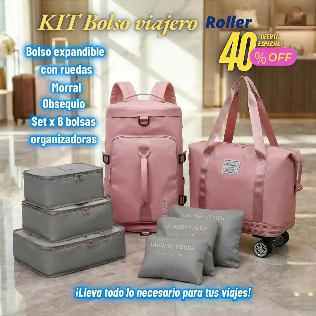 Kit Bolso Viajero Roller : Bolso expandible con ruedas, Morral, Obsequio Bolsas Organizadoras x 6