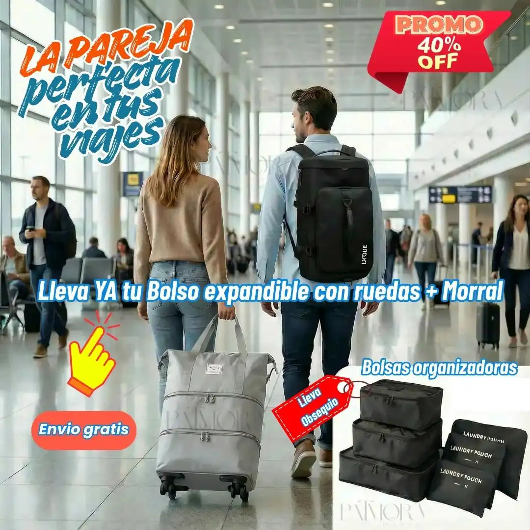 Kit Bolso Viajero Roller : Bolso expandible con ruedas, Morral, Obsequio Bolsas Organizadoras x 6