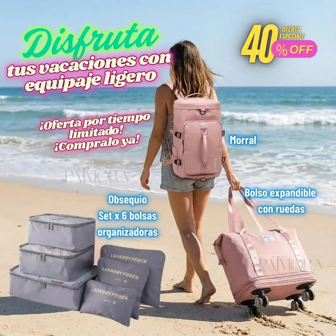 Kit Bolso Viajero Roller : Bolso expandible con ruedas, Morral, Obsequio Bolsas Organizadoras x 6