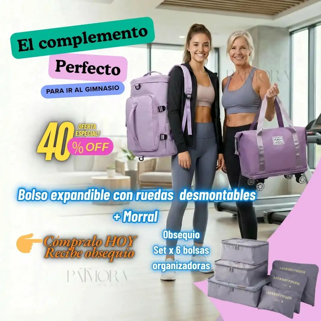 Kit Bolso Viajero Roller : Bolso expandible con ruedas, Morral, Obsequio Bolsas Organizadoras x 6