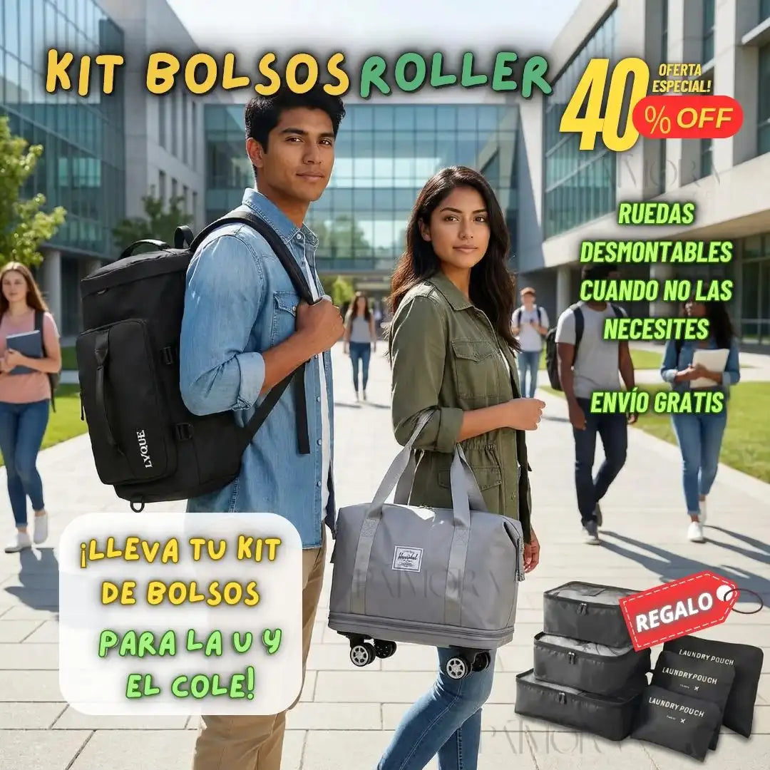 Kit Bolso Viajero Roller : Bolso expandible con ruedas, Morral, Obsequio Bolsas Organizadoras x 6