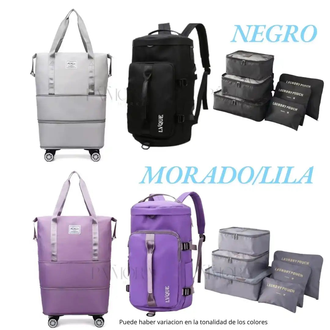 Kit Bolso Viajero Roller : Bolso expandible con ruedas, Morral, Obsequio Bolsas Organizadoras x 6