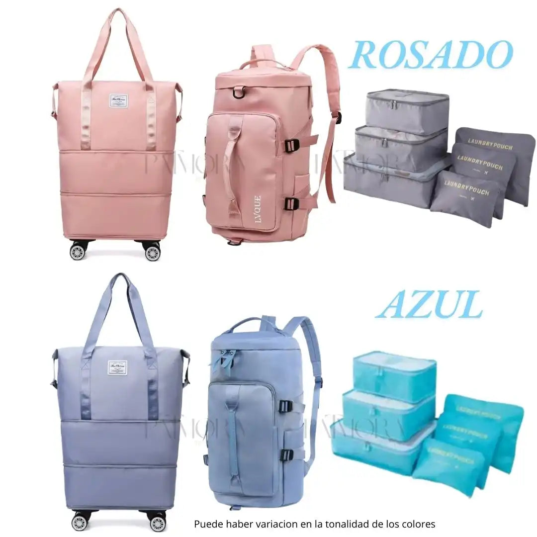 Kit Bolso Viajero Roller : Bolso expandible con ruedas, Morral, Obsequio Bolsas Organizadoras x 6
