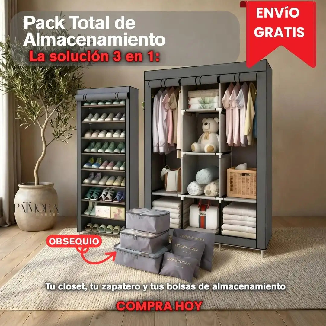 Pack Total de Almacenamiento: Closet 3 Cuerpos Zapatero 9 Niveles Bolsas Organizadoras