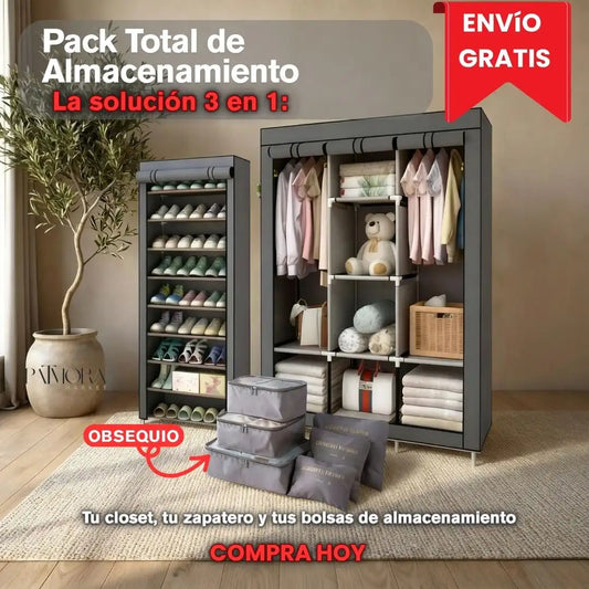 Pack Total de Almacenamiento: Closet 3 Cuerpos Zapatero 9 Niveles Bolsas Organizadoras