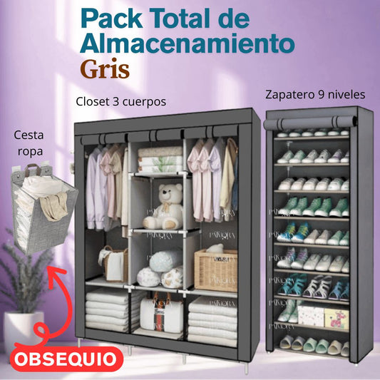 Pack Total de Almacenamiento: Closet 3 Cuerpos Zapatero 9 Niveles Cesta Gratis