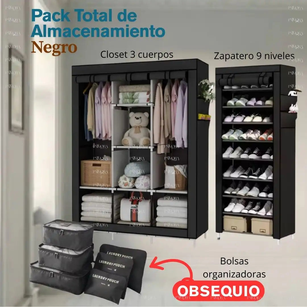 Pack Total de Almacenamiento: Closet 3 Cuerpos Zapatero 9 Niveles Bolsas Organizadoras