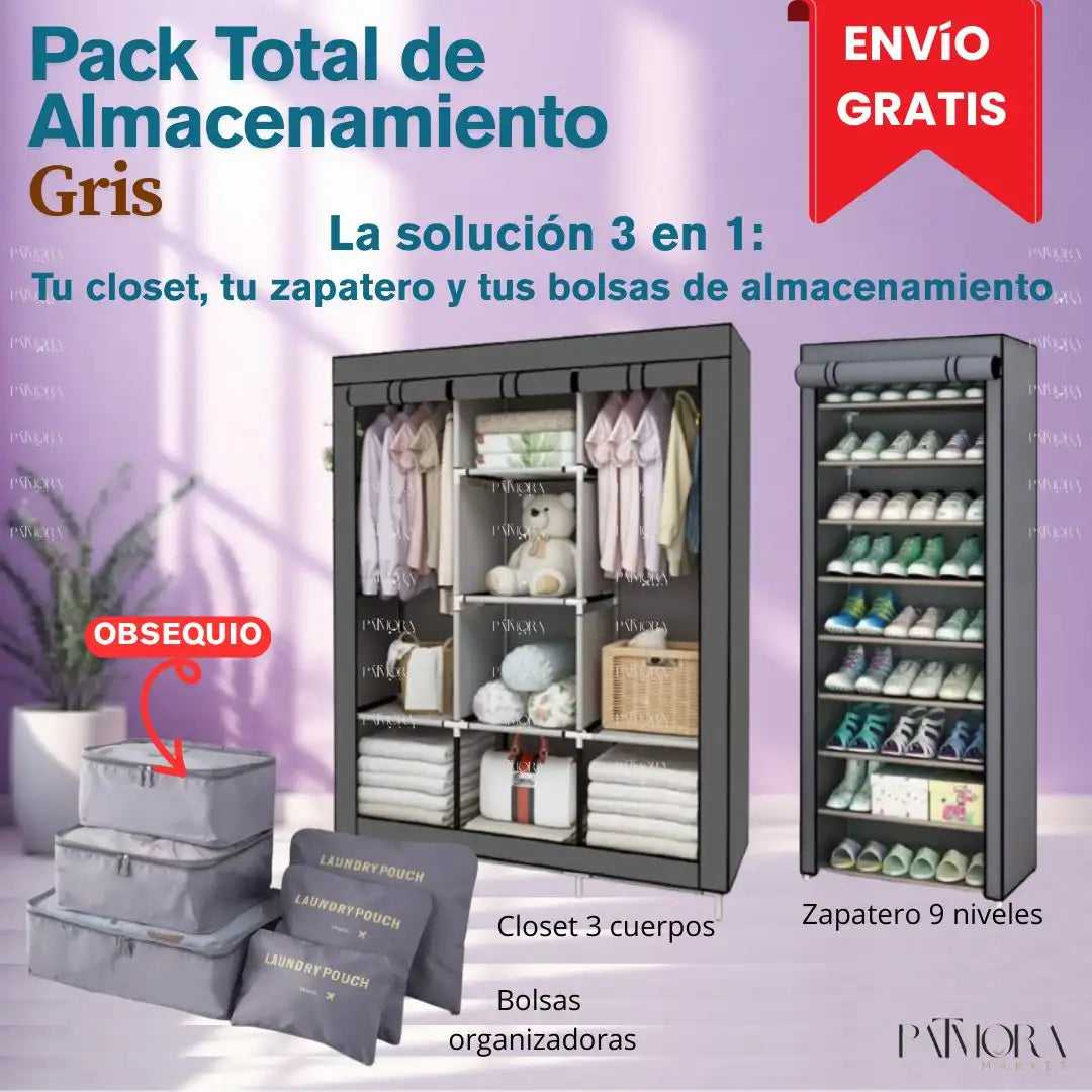 Pack Total de Almacenamiento: Closet 3 Cuerpos Zapatero 9 Niveles Bolsas Organizadoras