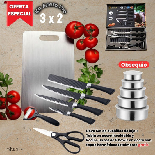Kit Acero Pro: Set de Cuchillos + Tabla Acero Inoxidable + Obsequio Set de Bowls