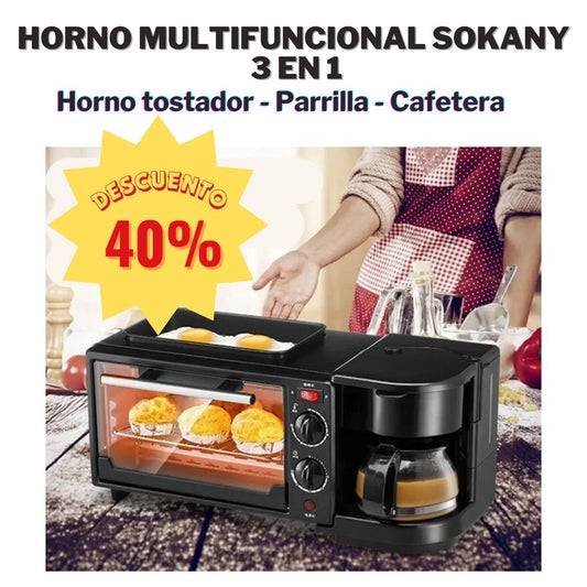 Horno Multifuncional SOKANY 3 en 1: Horno tostador, parrilla, cafetera