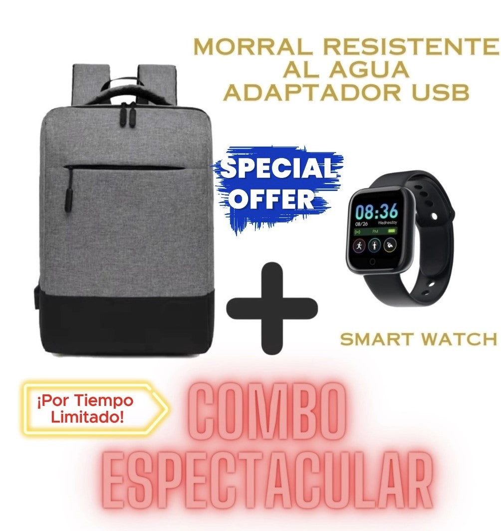 Combo Morral Gris con Reloj Smart Watch Y68