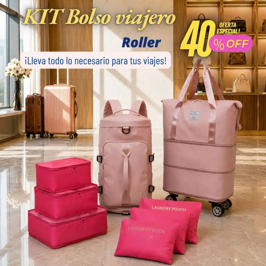 Kit Bolso Viajero Roller : Bolso expandible con ruedas, Morral, Obsequio Bolsas Organizadoras x 6